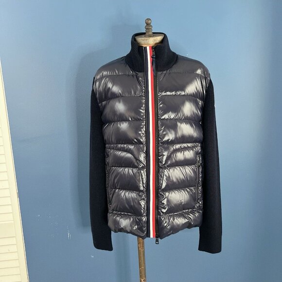 Moncler MAGLIONE Tricot Wool Knit Quilted Down Cardigan Jacket Navy Women Large - Picture 2 of 10